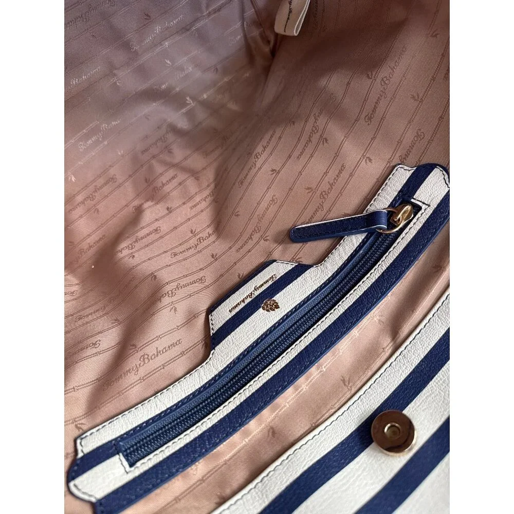 Tommy Bahama Floral Stripe Tote W/Pouch Navy White Faux Leather Travel Beach 90s - Picture 14 of 16